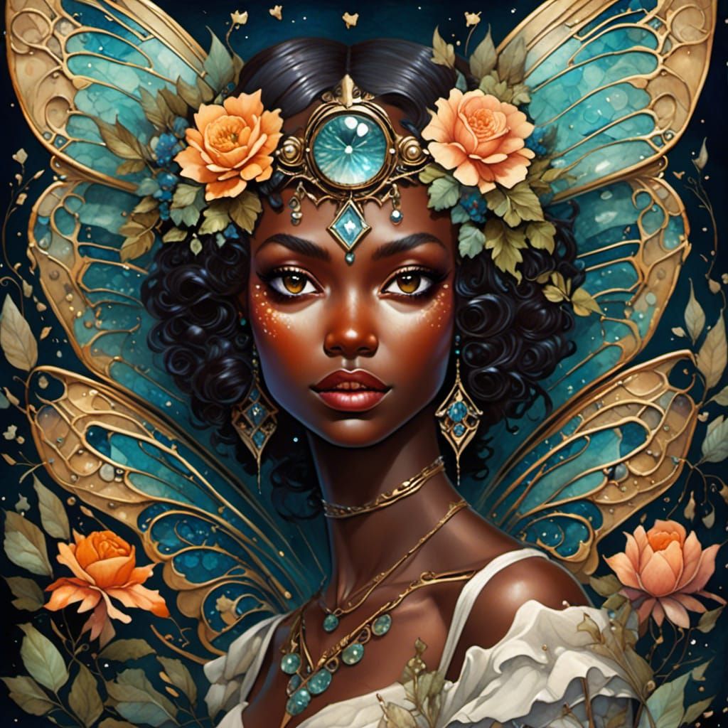 Art Deco Fairy with Art Nouveau Embellishments in Watercolor