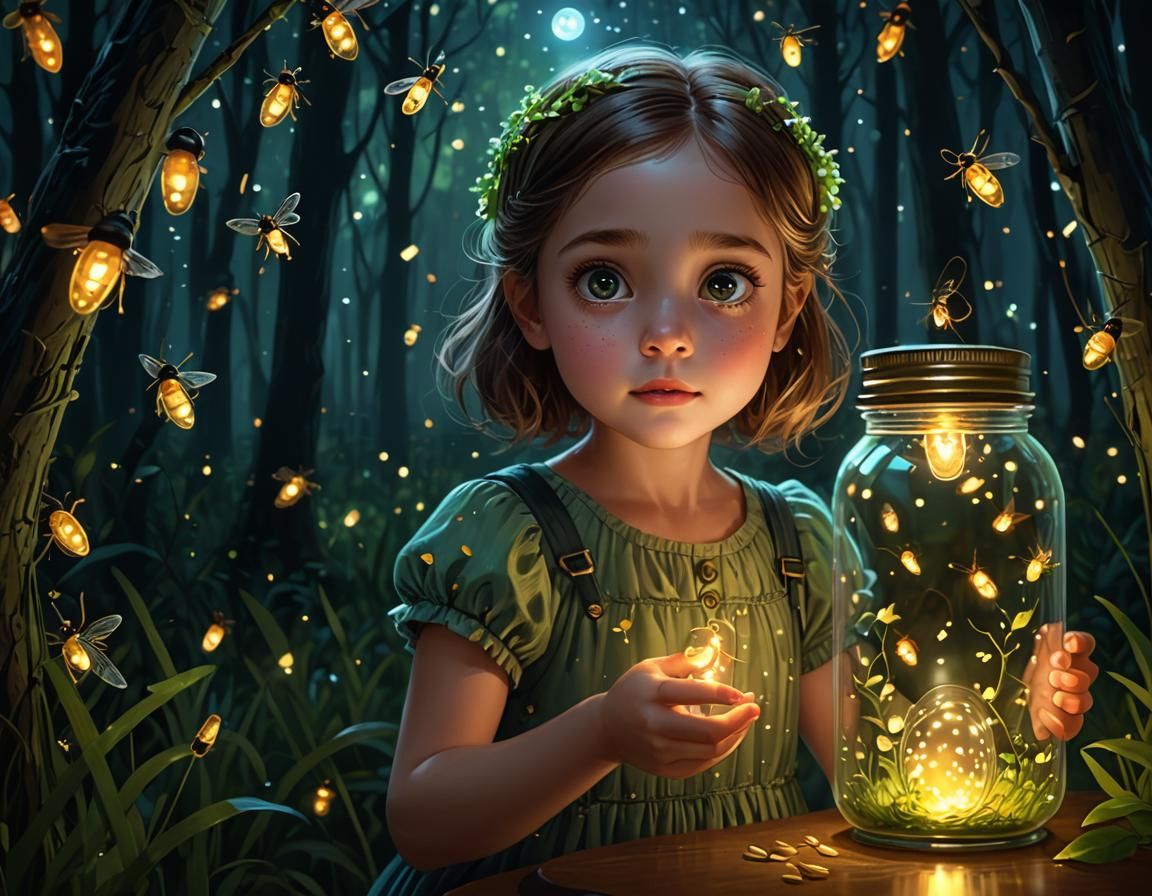 Girl Gazing at Fireflies in Glass Jar