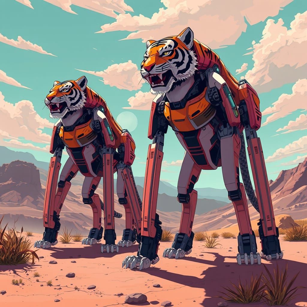 Surreal Robot Tigers in Anime Style