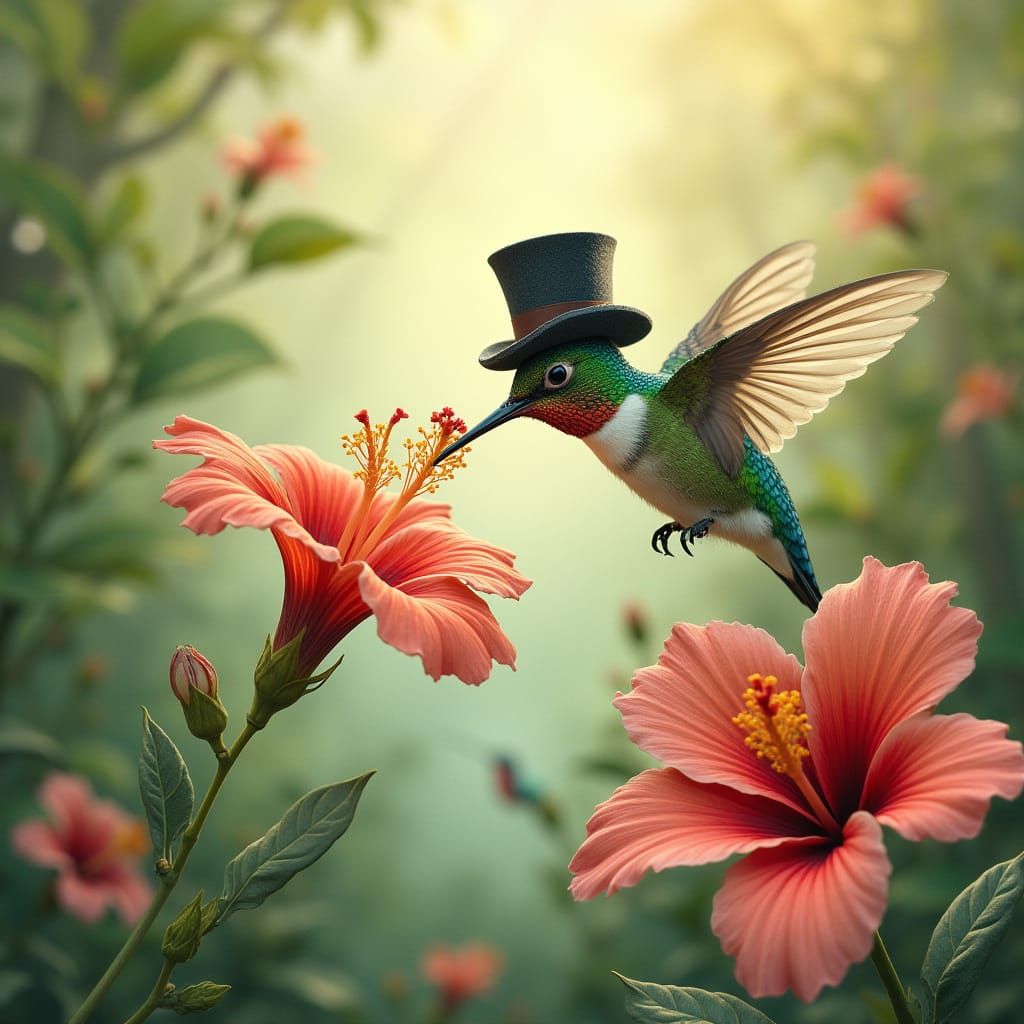 Hummingbird in Top Hat, Fairy Tale Illustration