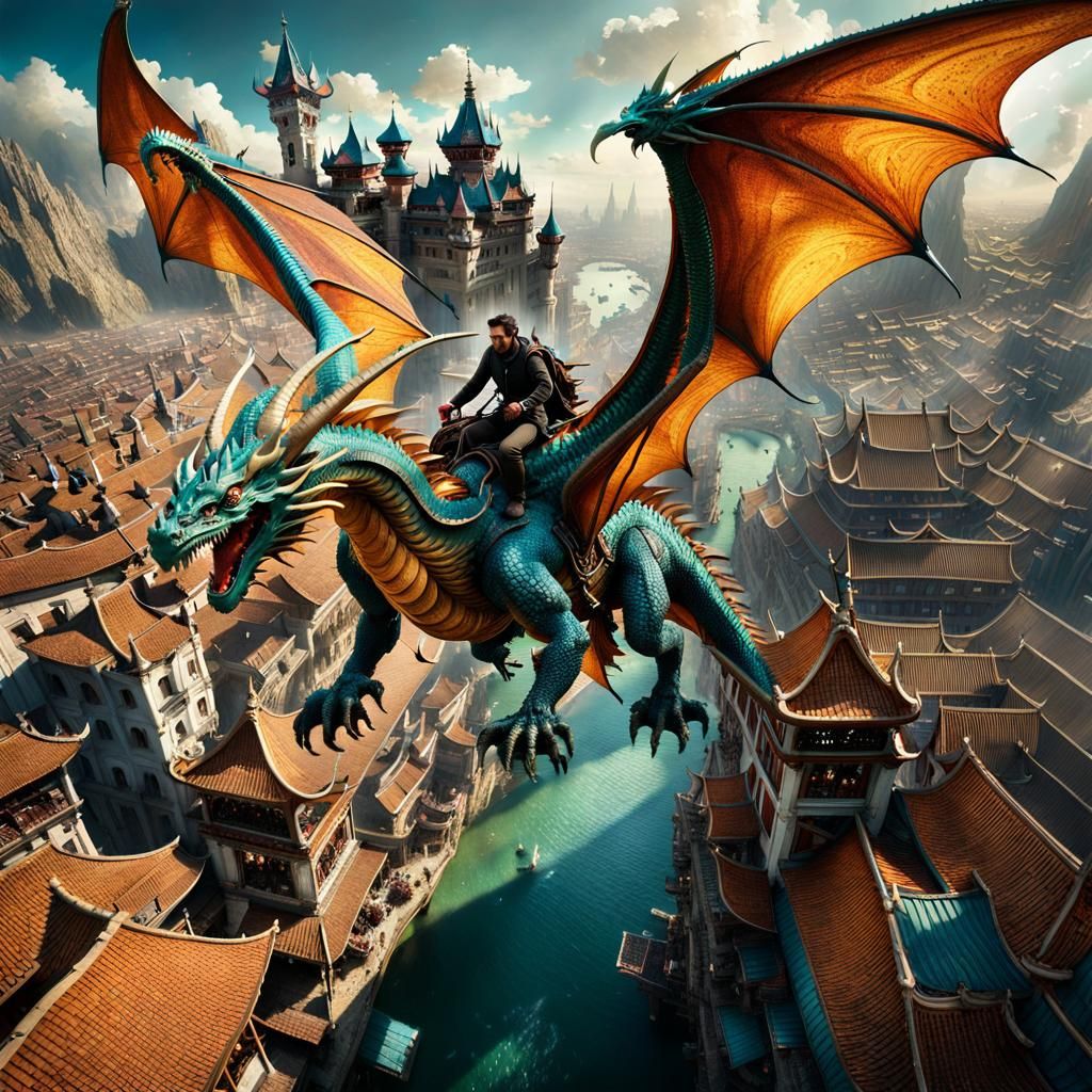 Epic Fantasy Dragon Rider Flies Above Market