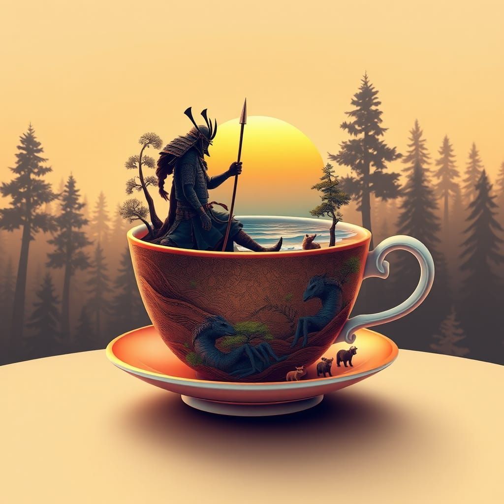 Magical Teacup with Samurai Beach Scene in 3D