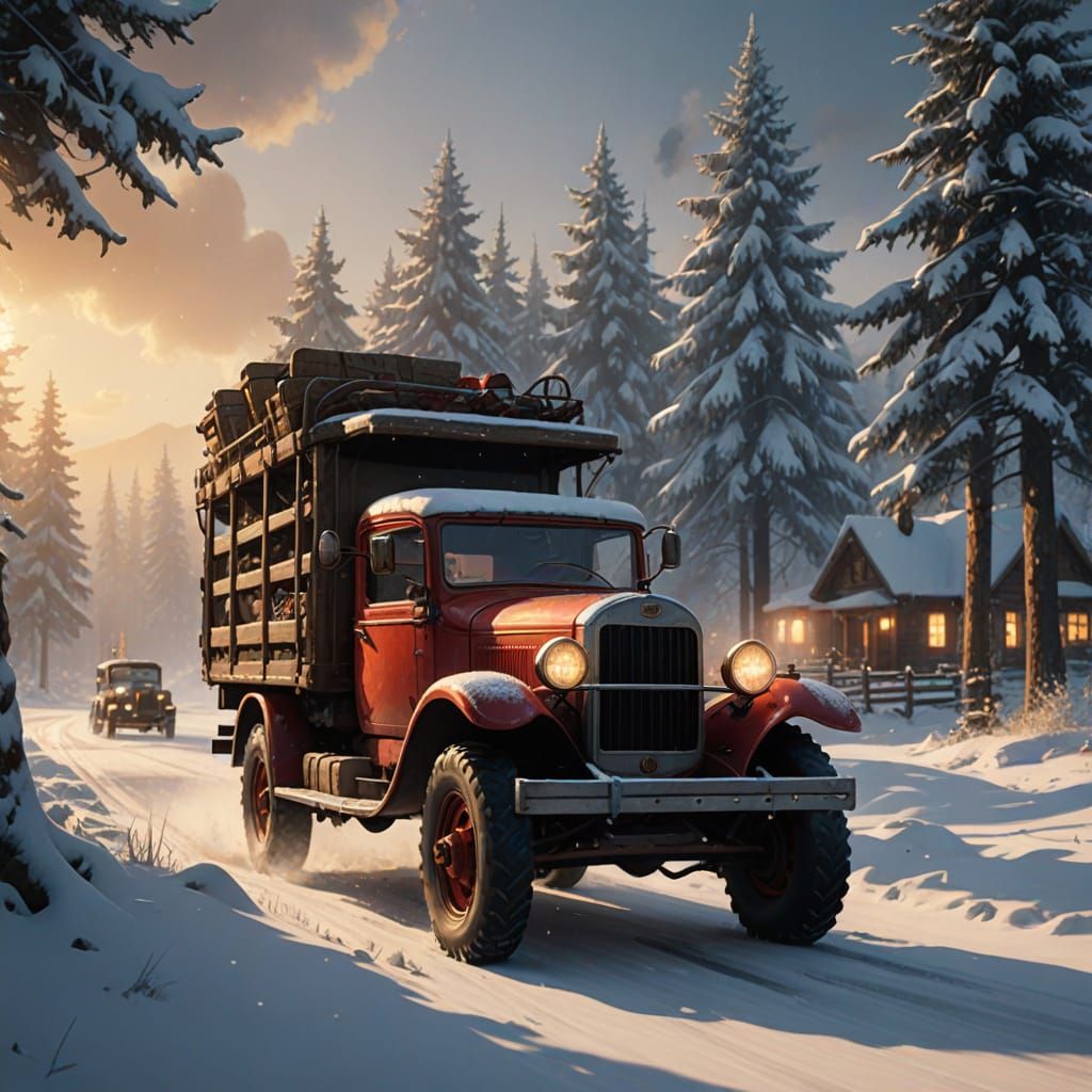 Santa Claus Drives Vintage Truck Through Winter Wonderland