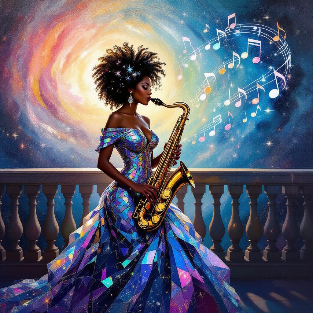 Afro-Latina Woman Plays Saxophone on Cosmic Balcony