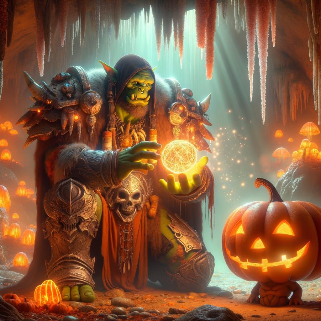 Orc Shaman Casting Spell with Pumpkin Creature in Crystal Ca...