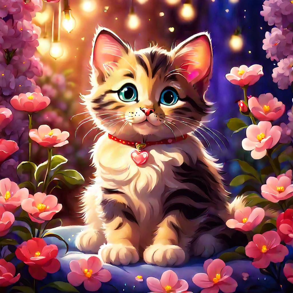 Cute Cat Surrounded by Flowers and Heart Lights