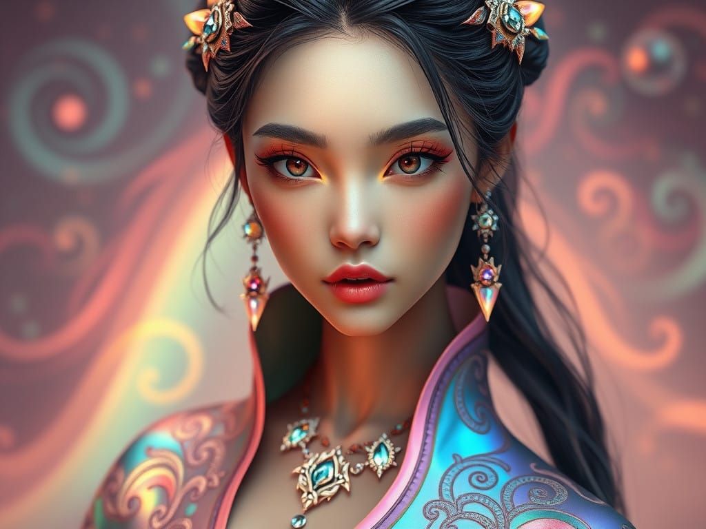 Ethereal Goddess in Vibrant Asian-Inspired Gown