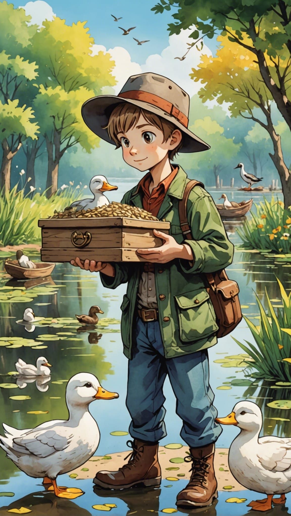 Country Boy Gives Seeds to Quacking Ducks in Whimsical Water...