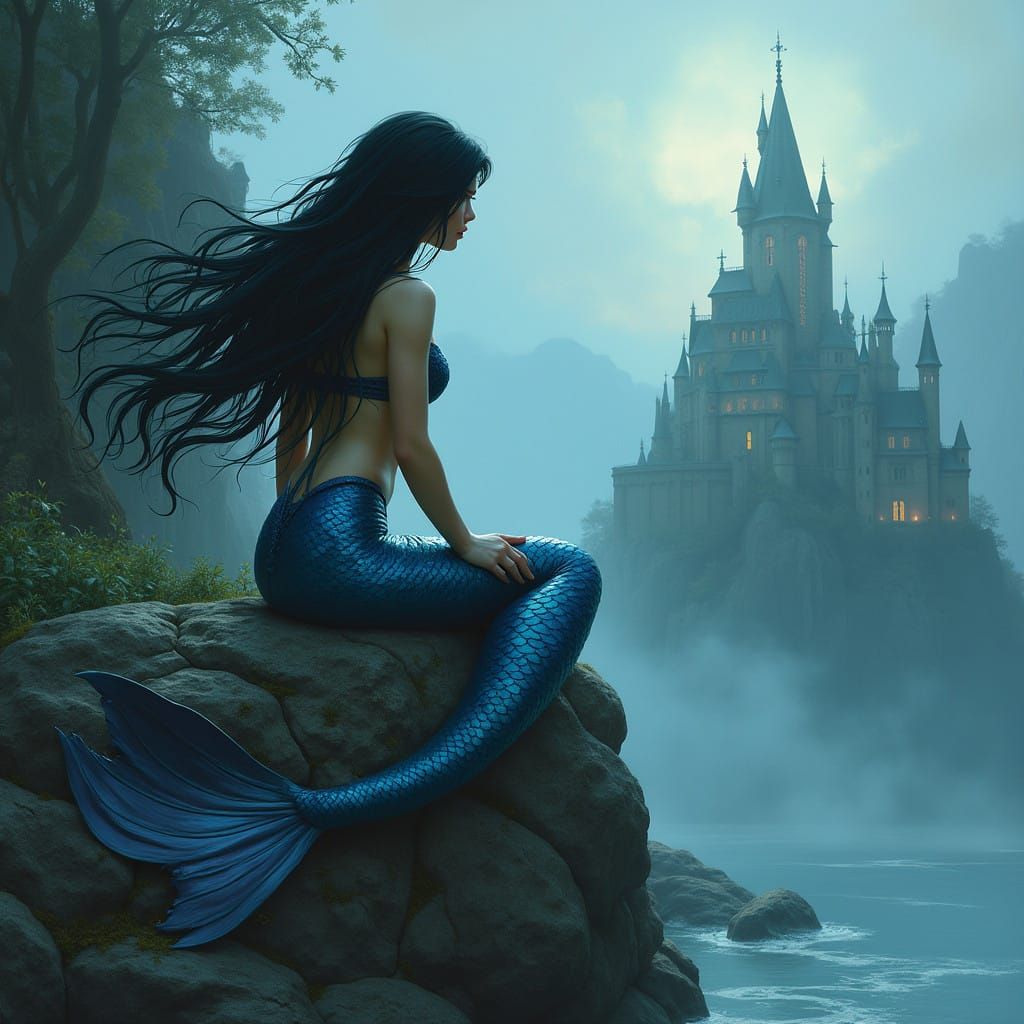 Dark Mermaid Contemplates Ancient Castle in Mysterious Lands...