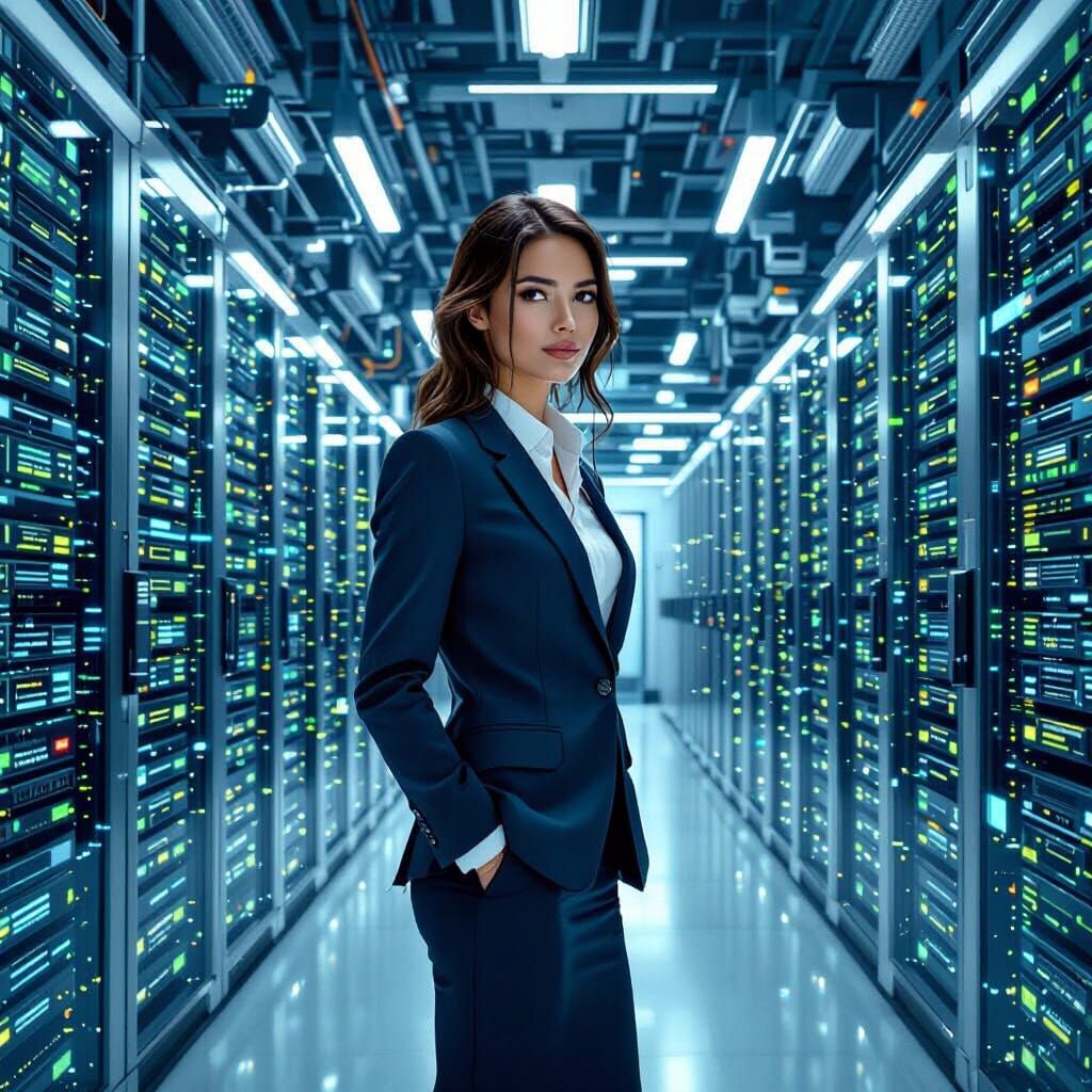 Futuristic Seagate Employee in Data Center, Syd Mead Style