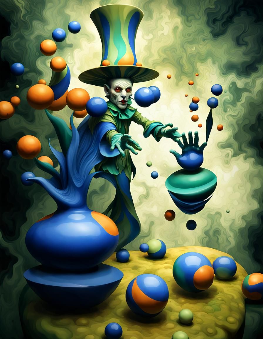 yellow jester juggler with psilocybe head throwing juggling ...