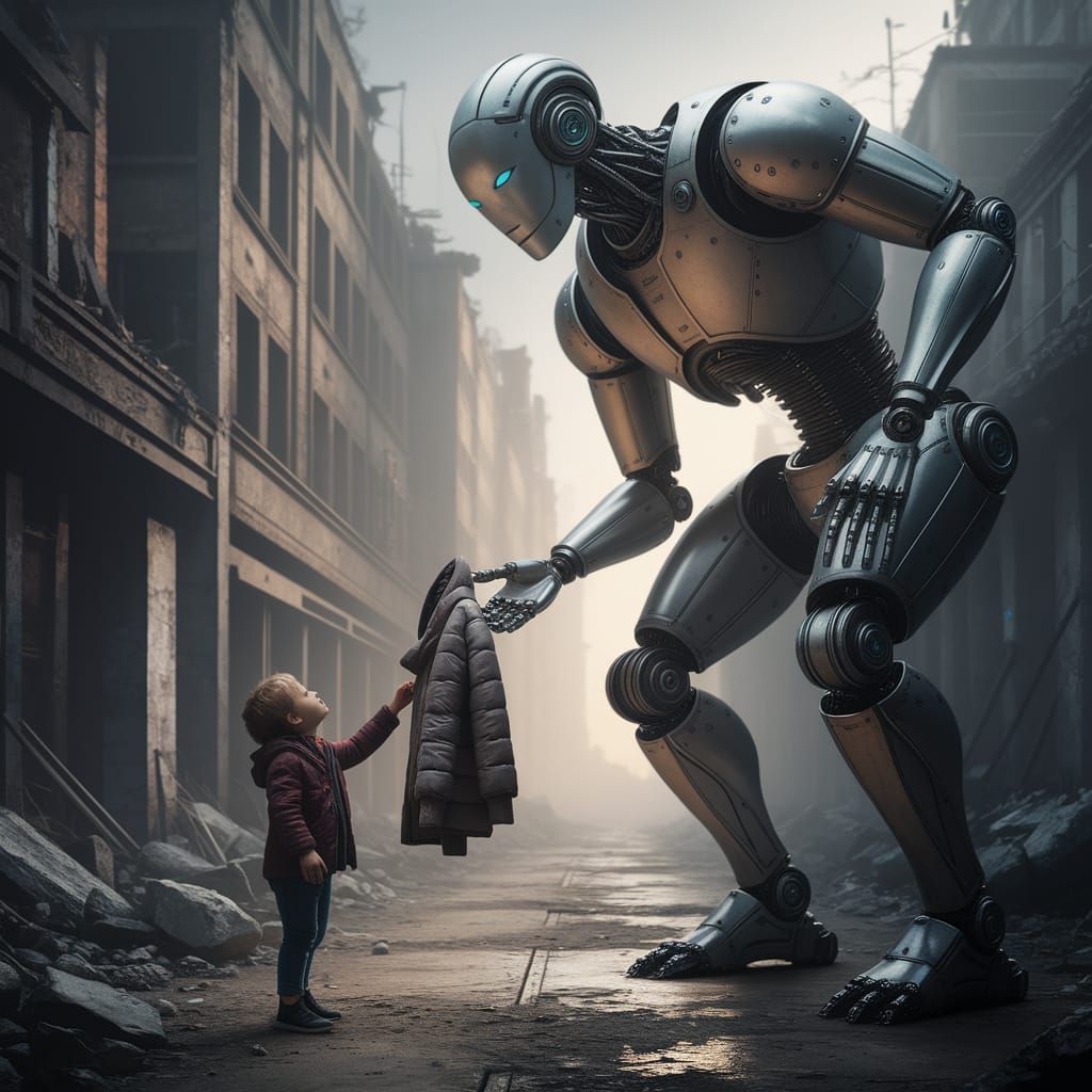Robot Offers Alien Coat to Child in Post-Apocalyptic City