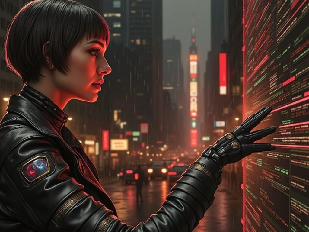 Cyberpunk woman browsing data on a holo screen