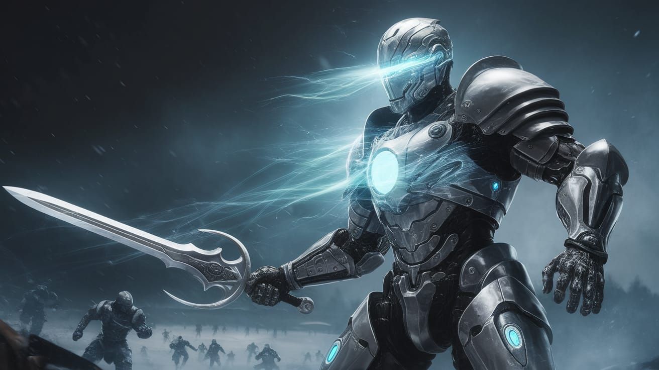 Cybernetic Knight Unleashes Fierce Storm on Frosty Battlefie...