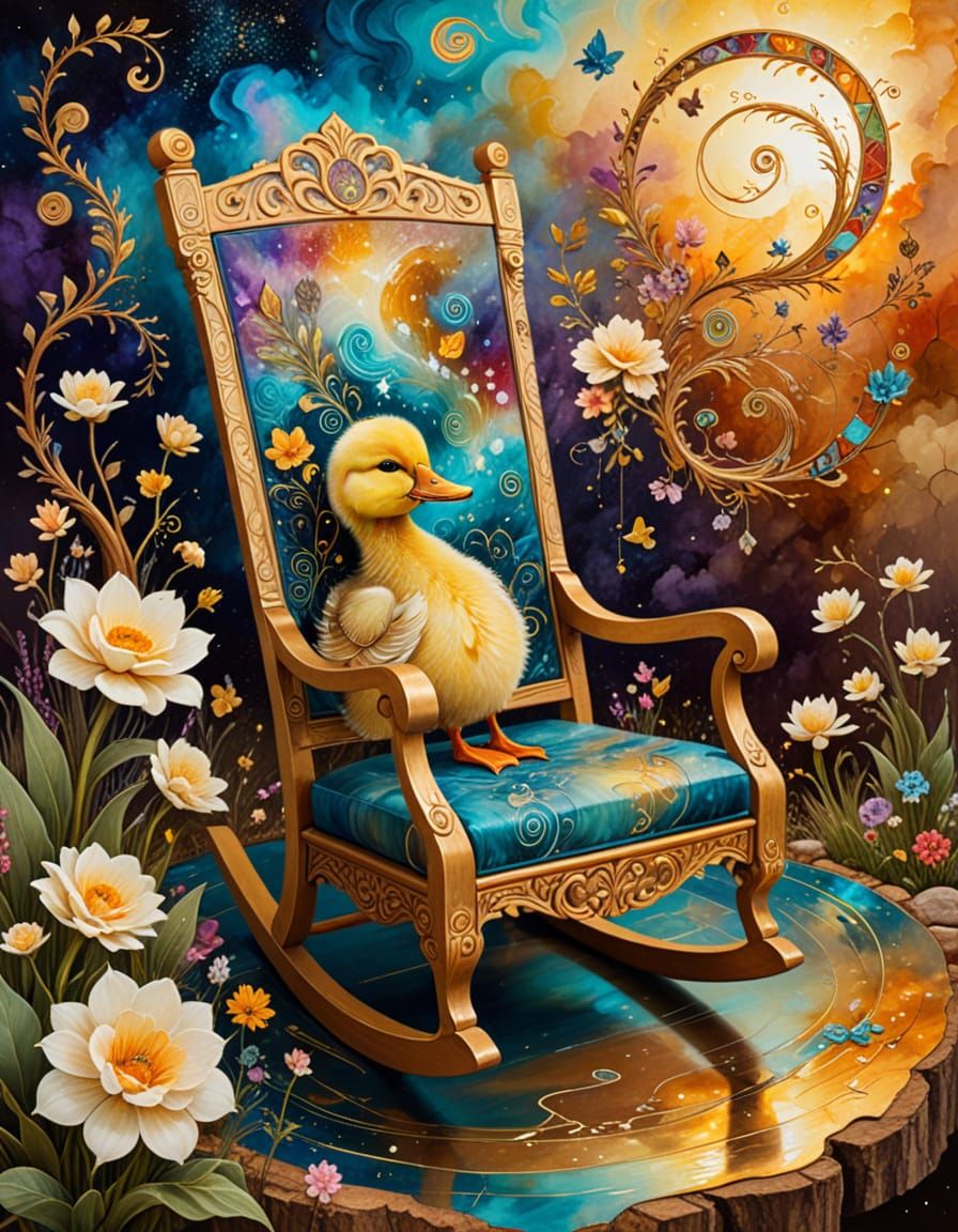 Surreal Rocking Chair and Duckling with Abstract Flowers