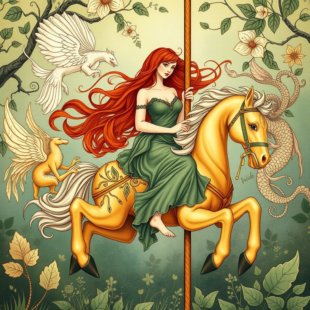 Art Nouveau Woman on Golden Carousel in Fantasy Forest