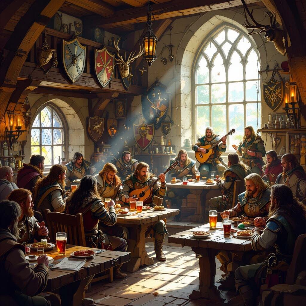 Bustling Fantasy Tavern Interior with Adventurers