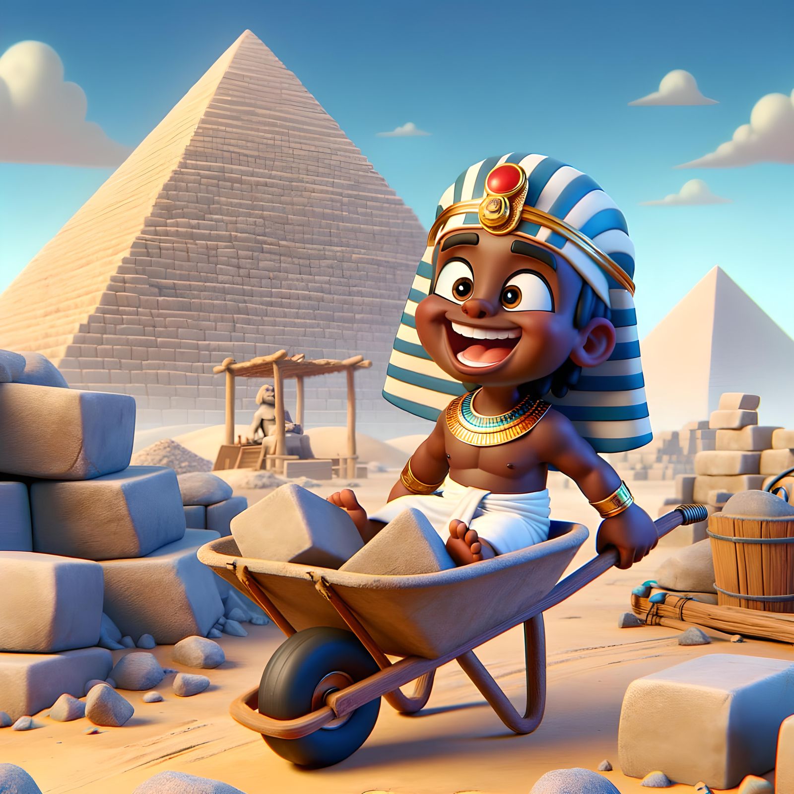 Joyful Pharaoh Rides Wheelbarrow: Cartoon CGI Illustration