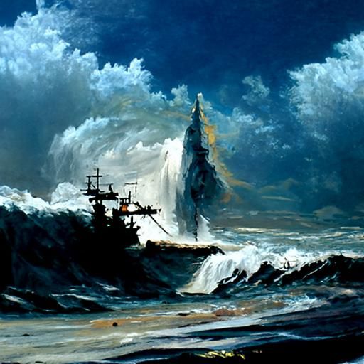 Warship at Sea: Oil Painting of Stormy Battle