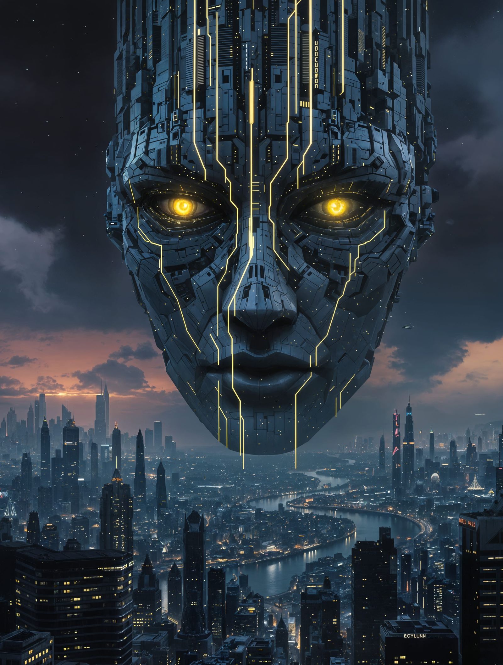 Surreal Cityscape God Contemplates Metropolis at Dusk