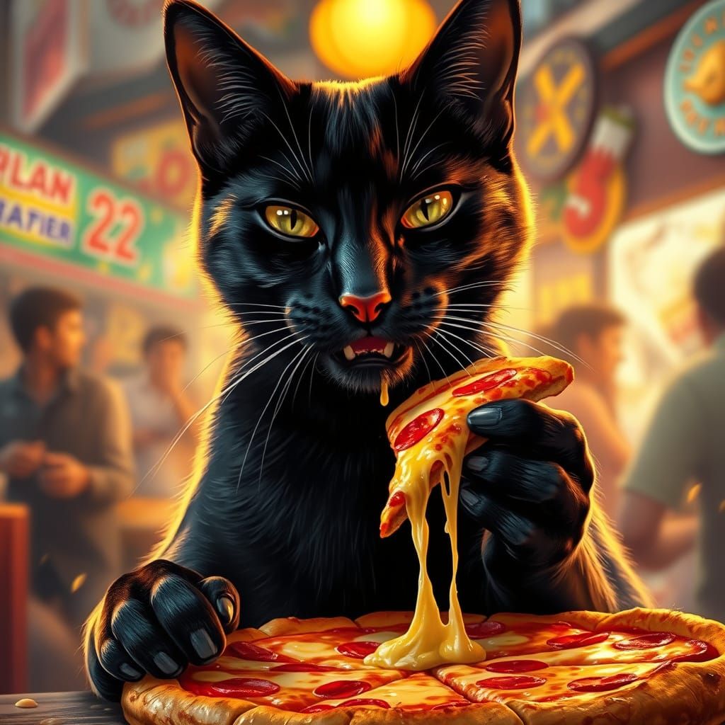 Sleek Cat Devours Pizza in Futuristic Pizzeria