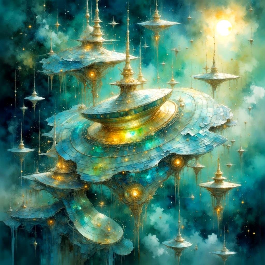 Magical Space Station in Watercolor Style