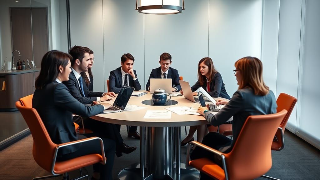 Business Professionals Discussing Documents in Futuristic St...