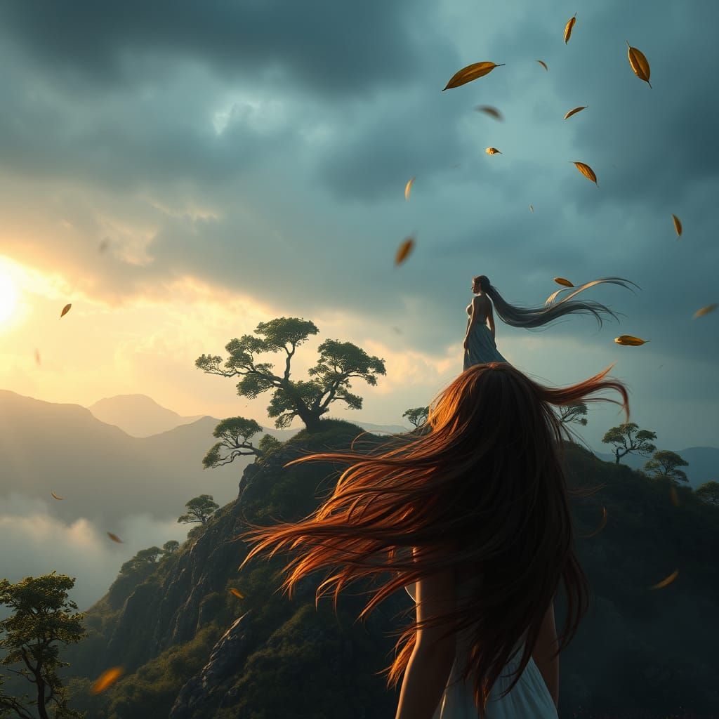 Stormy Mountain Scene with Woman, Fantasy Concept Art