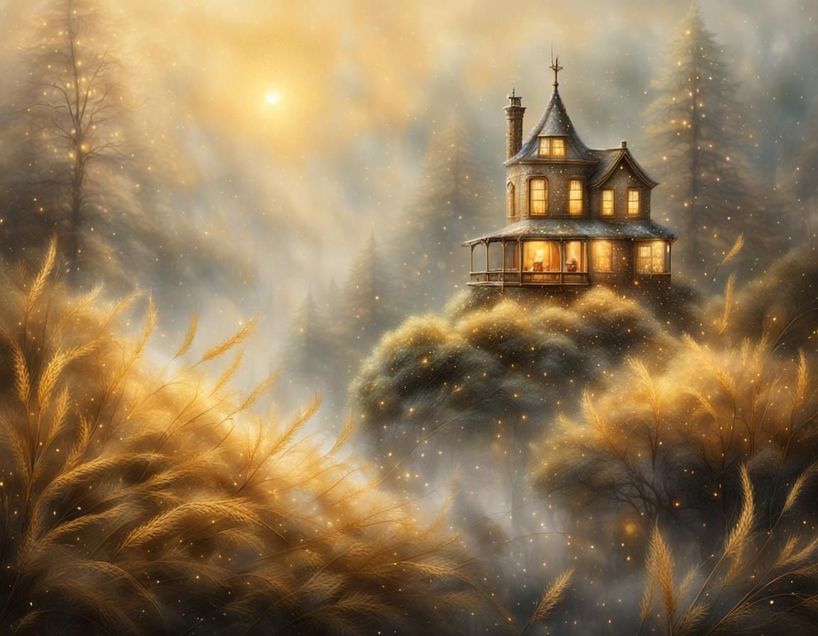 Ethereal Golden Needles in Misty Dreamscape
