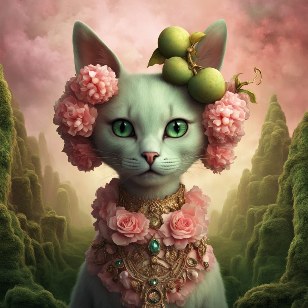 Vibrant Fuzzy Feline with Banana Tail and Grape Eyes in Whim...