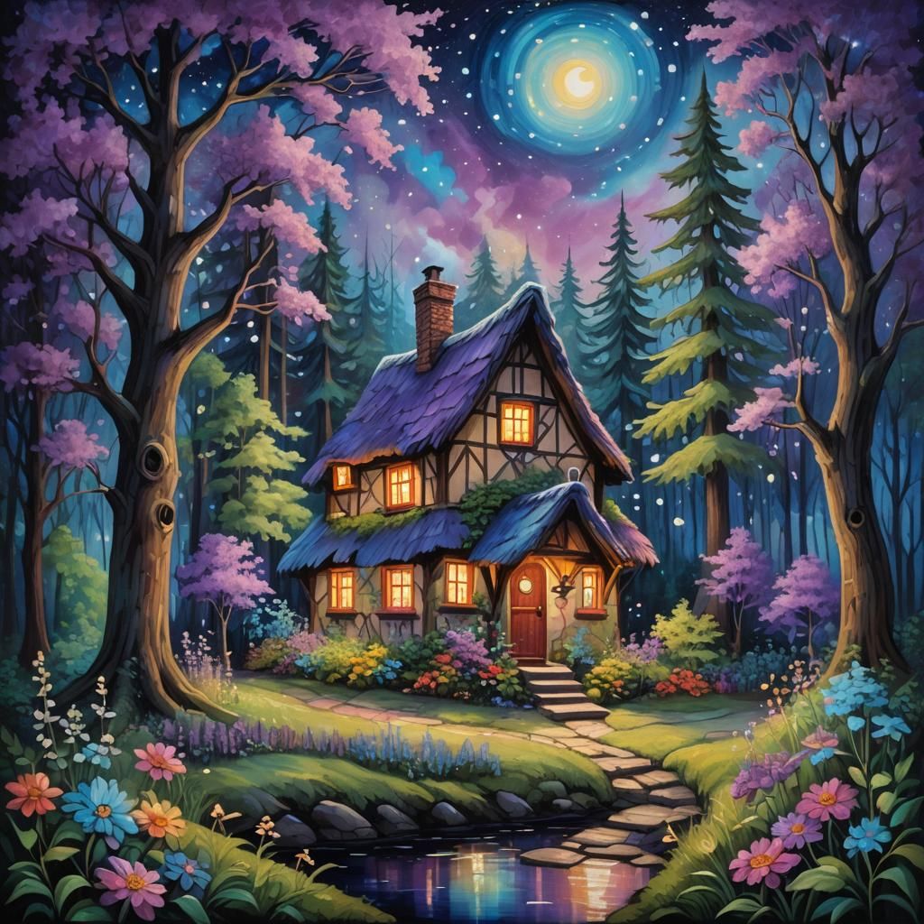 Magical Cottage in Forest: Whimsical Oil Painting