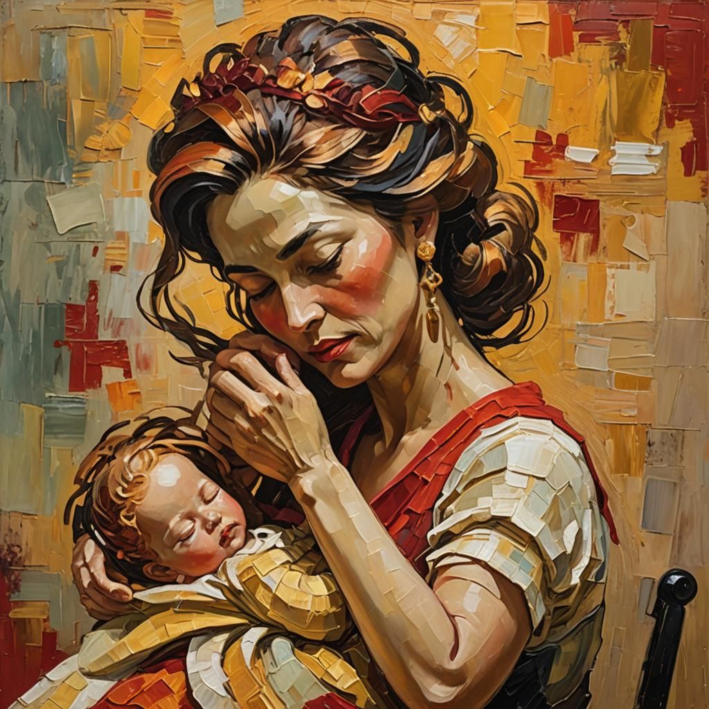 Empress and Baby: Neo-Impressionist Oil Painting