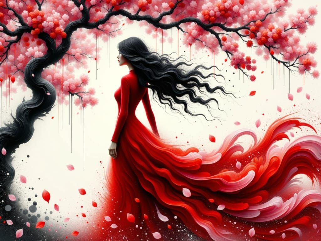 Woman in Red Dress Under Cherry Blossom Tree