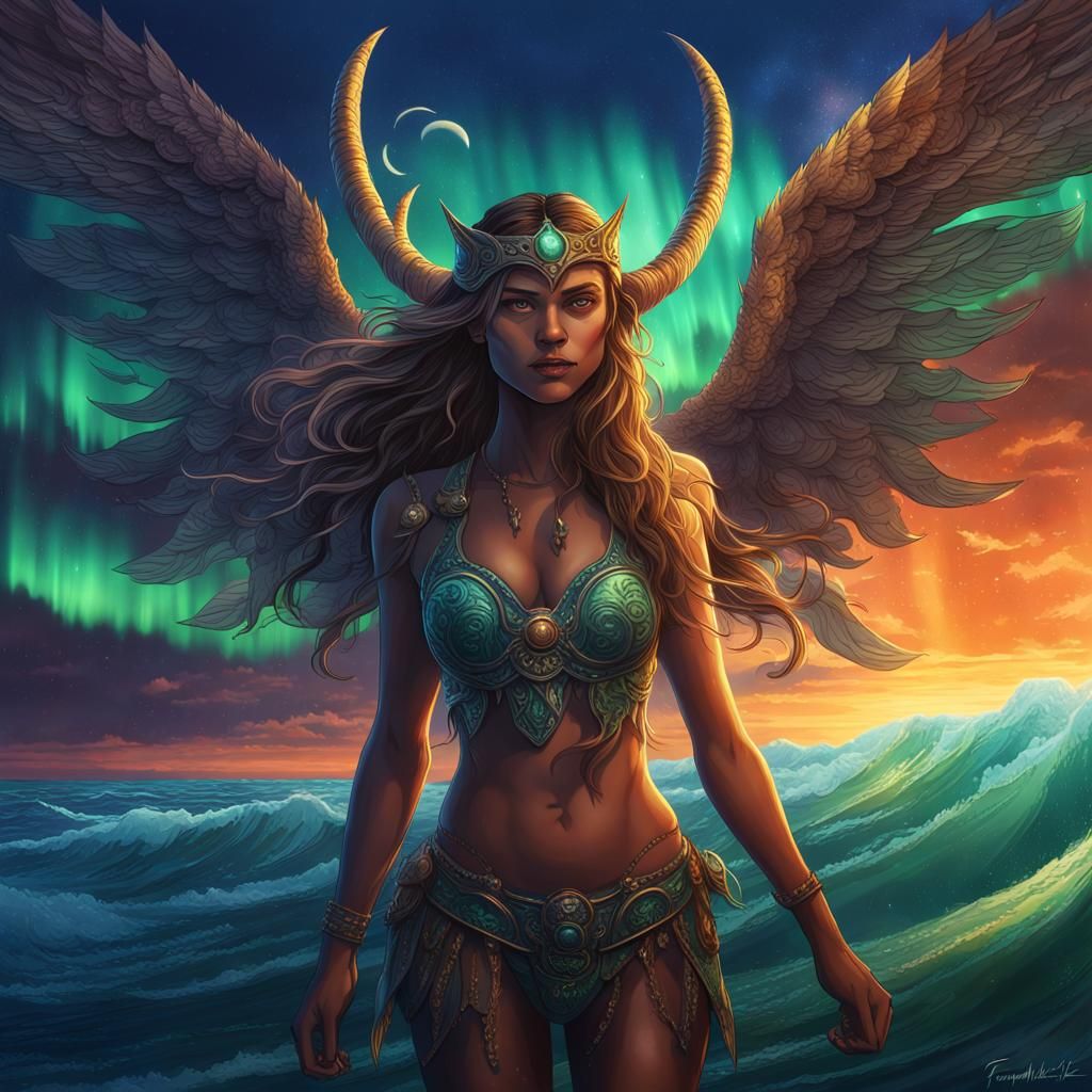 Valkyrie with Northern Lights, Fantasy Concept Art