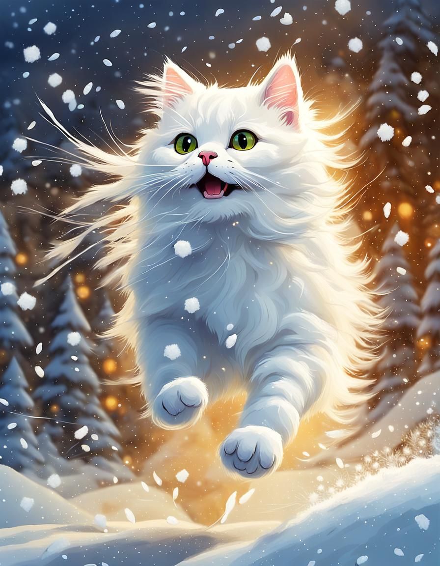 Cute Persian Cat in Whimsical Snow Scene