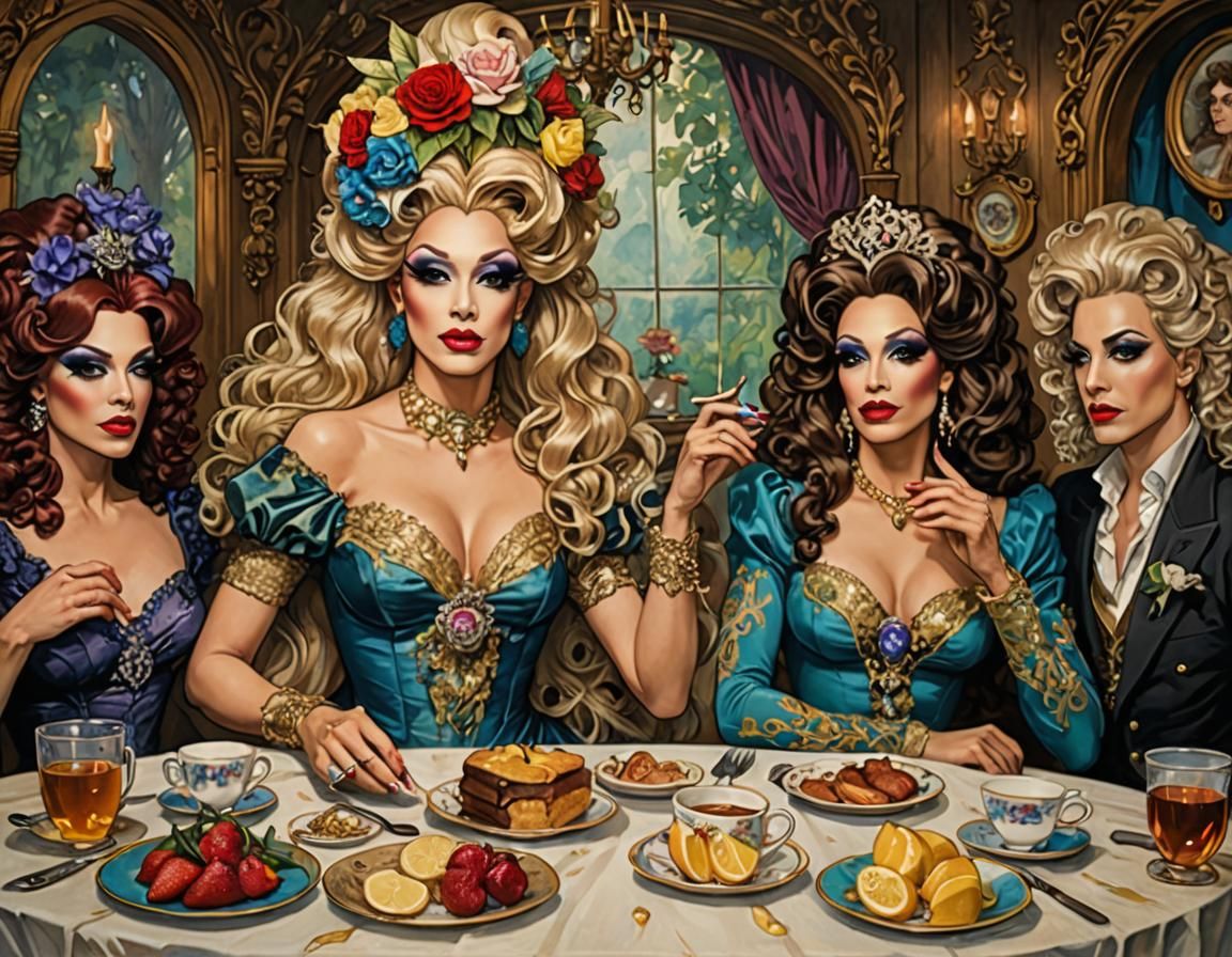 Drag-queen Tea party, style of Rebecca Guay