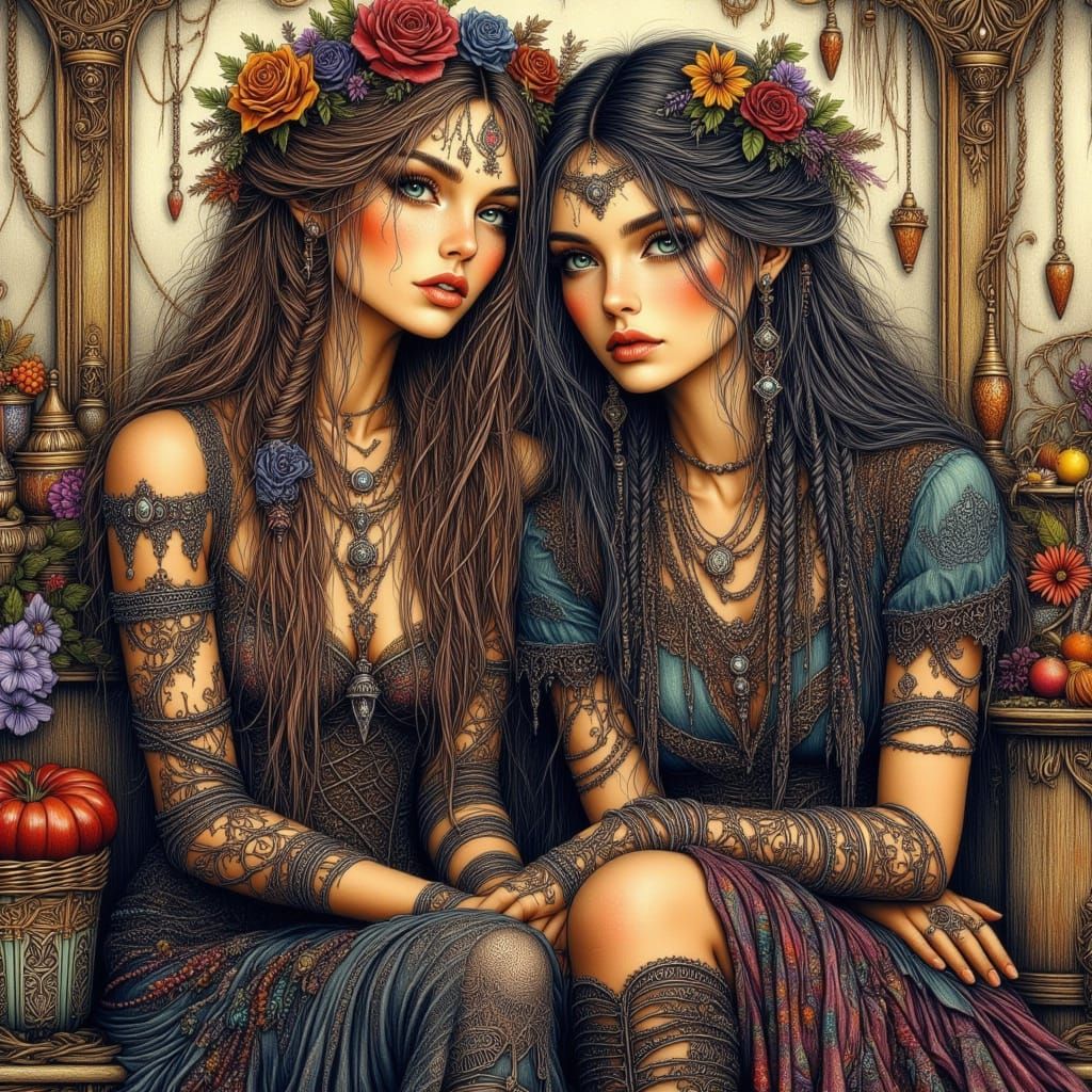 Gothic Boho Sisters in Art Nouveau Style