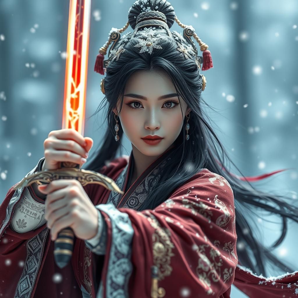Beautiful Chinese Woman with Glowing Sword in 3D
