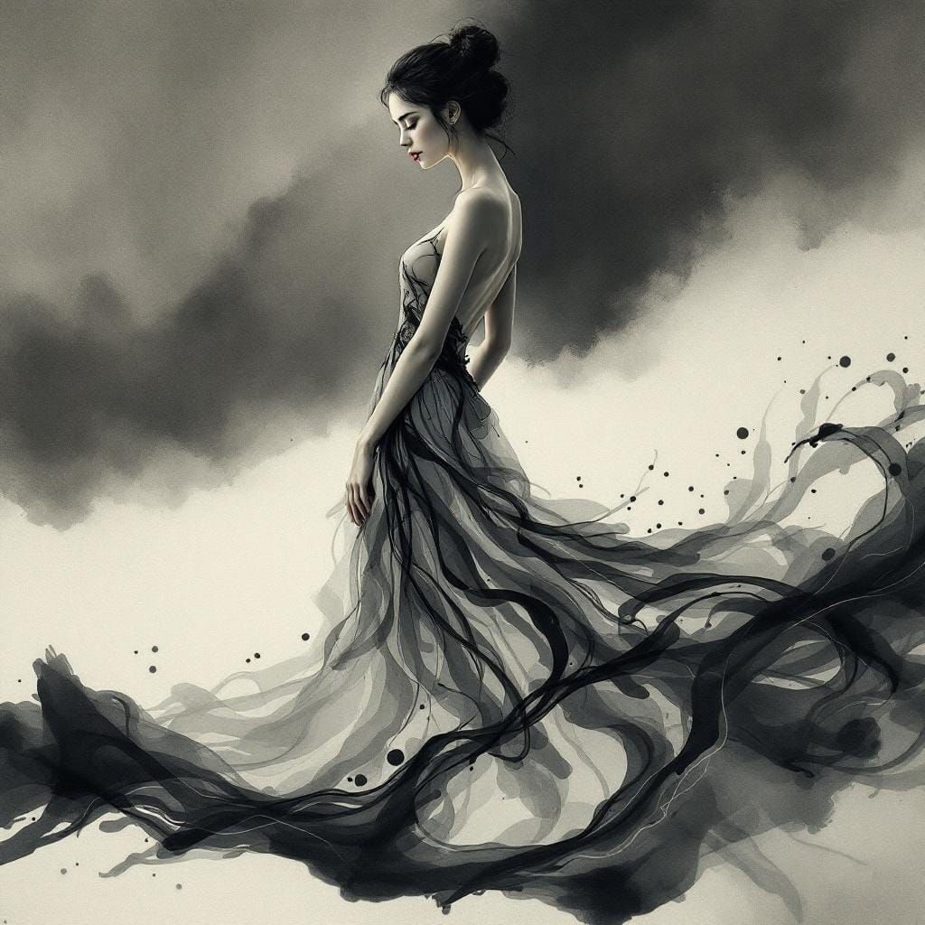 Ink Wash Woman in Flowing Dress: Sumi-e Style