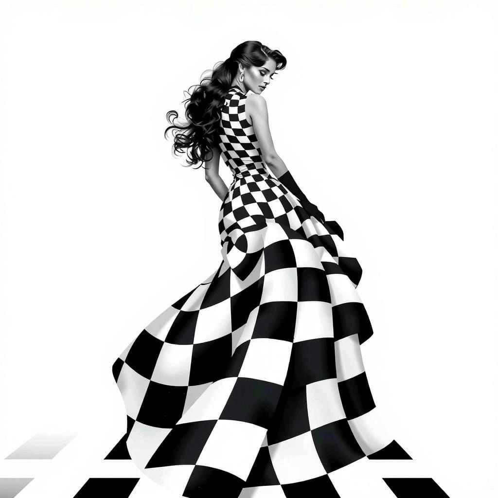 Elegant Checkered Woman in Optical Art Style