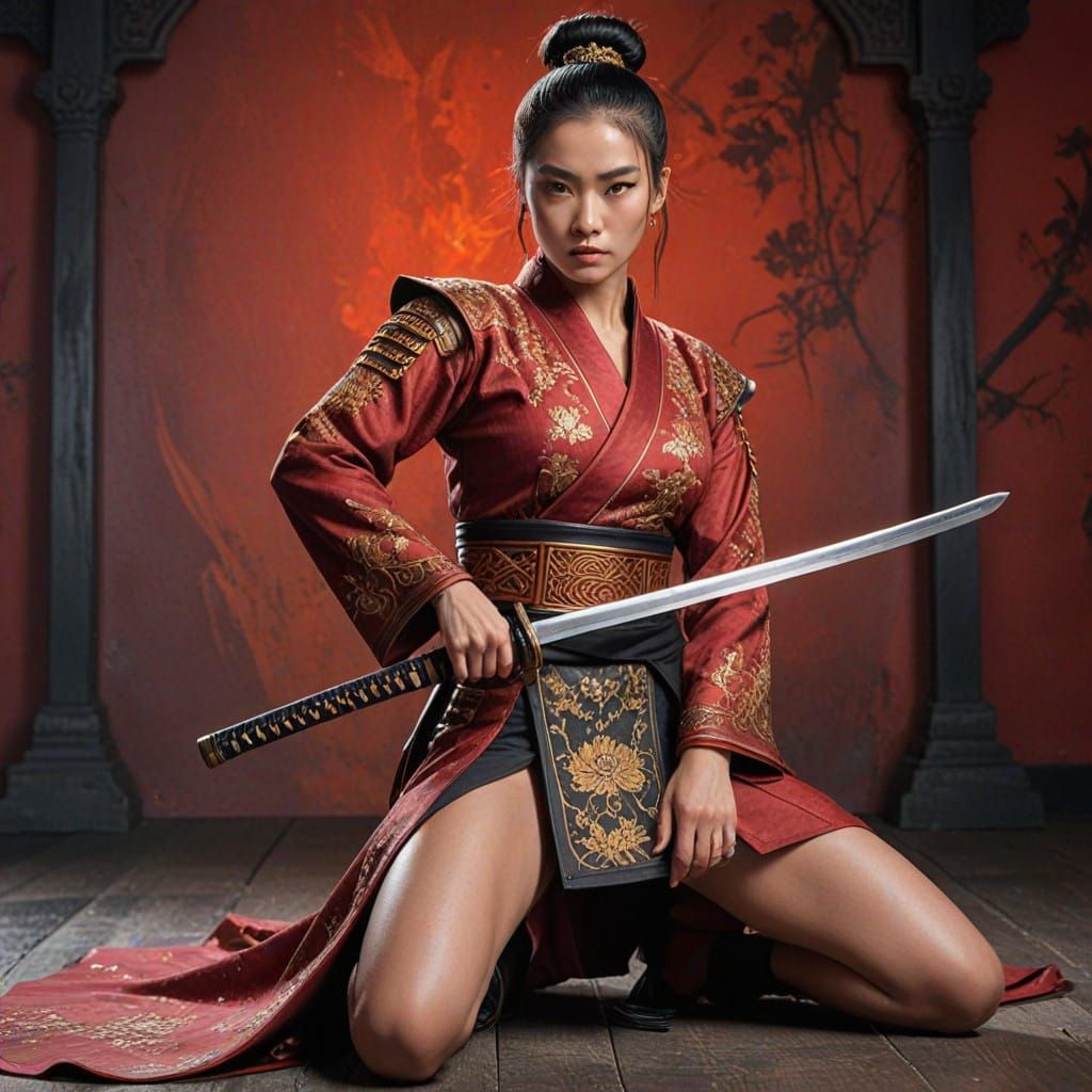Warrior Princess in Crimson Brocade