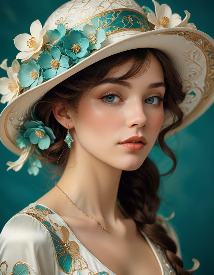 Elegant Woman with Teal Flower in Art Nouveau Portrait