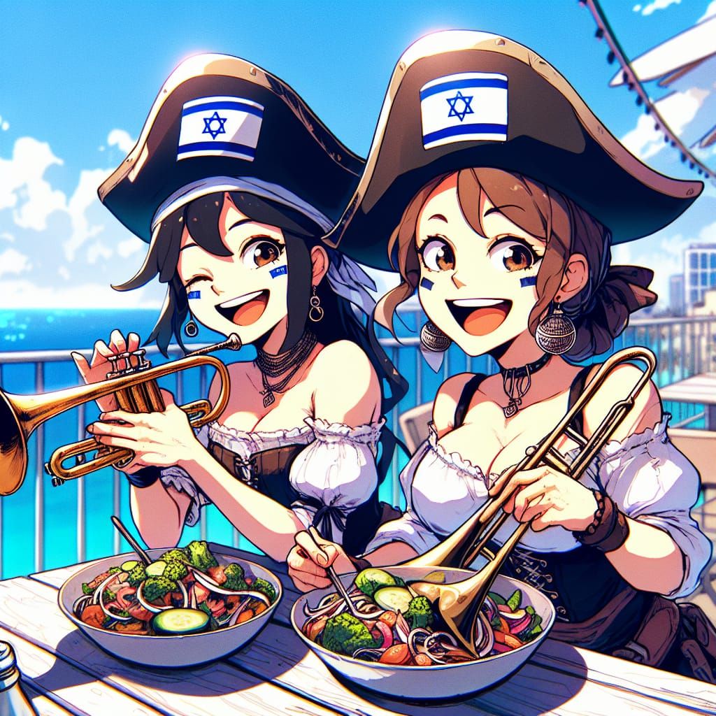 Anime Pirate Musicians Enjoying Tel Aviv Rooftop View