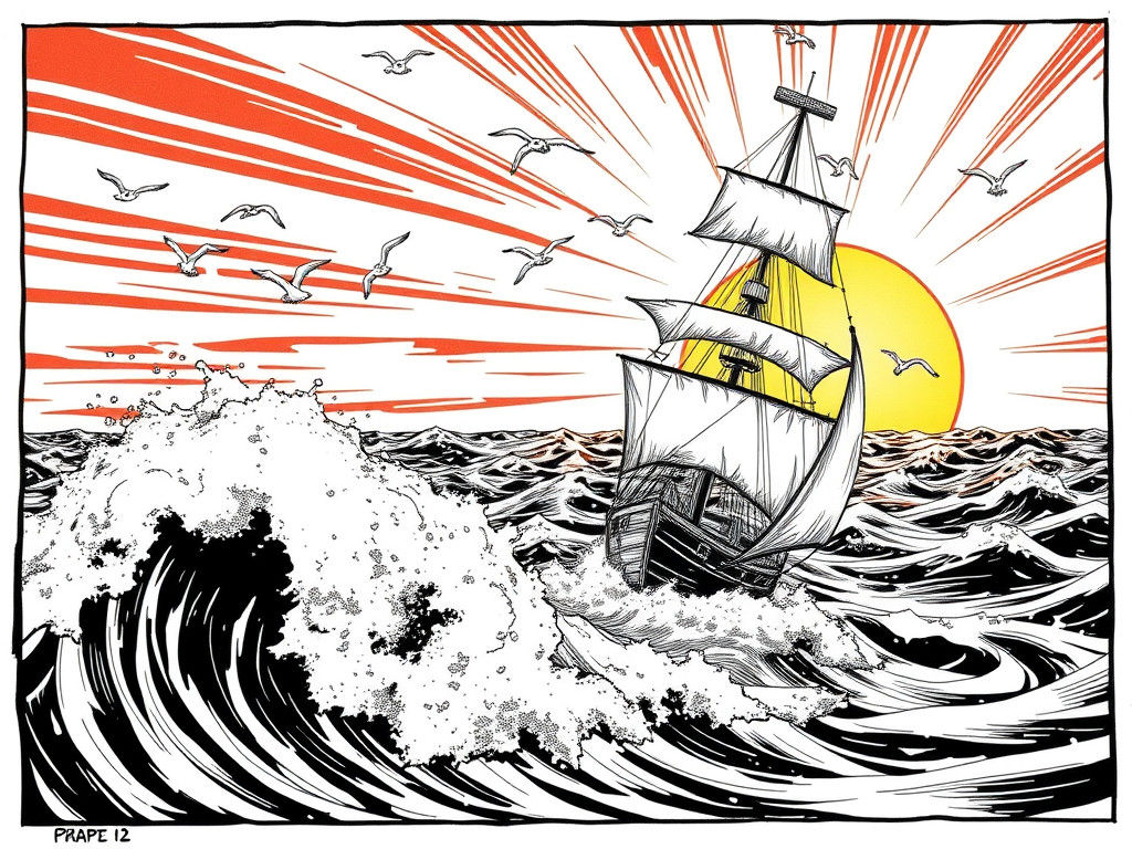 Vintage Schooner on Choppy Seas in Comic Style