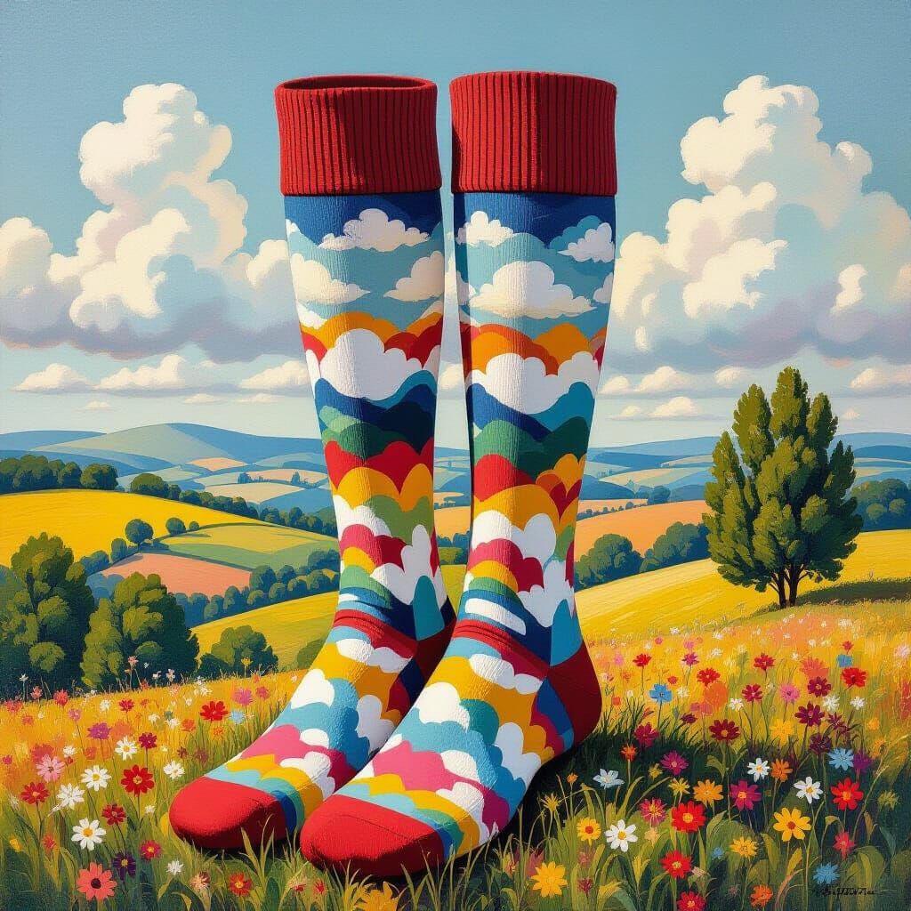 Dreamy Landscape Blending into Socks in Gouache Style