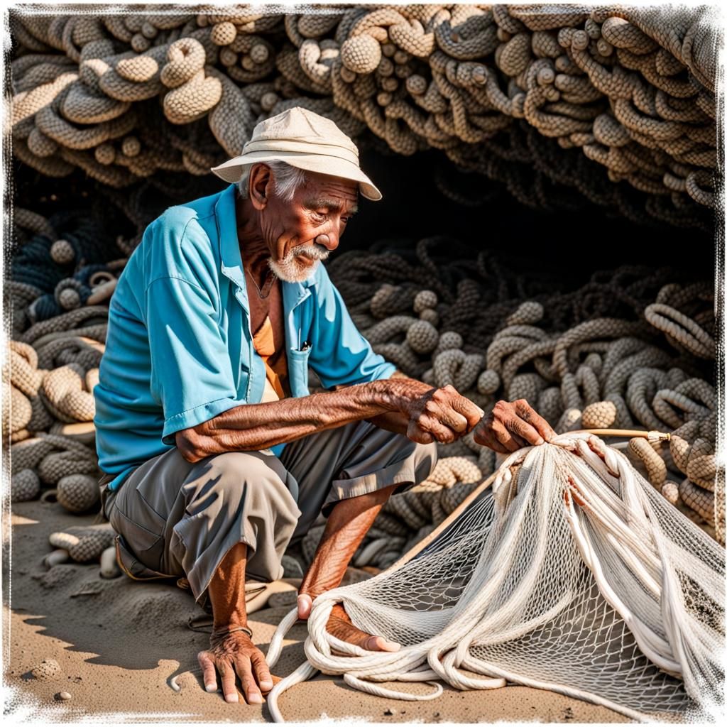Elderly Fisherman Mending Nets by the Shore