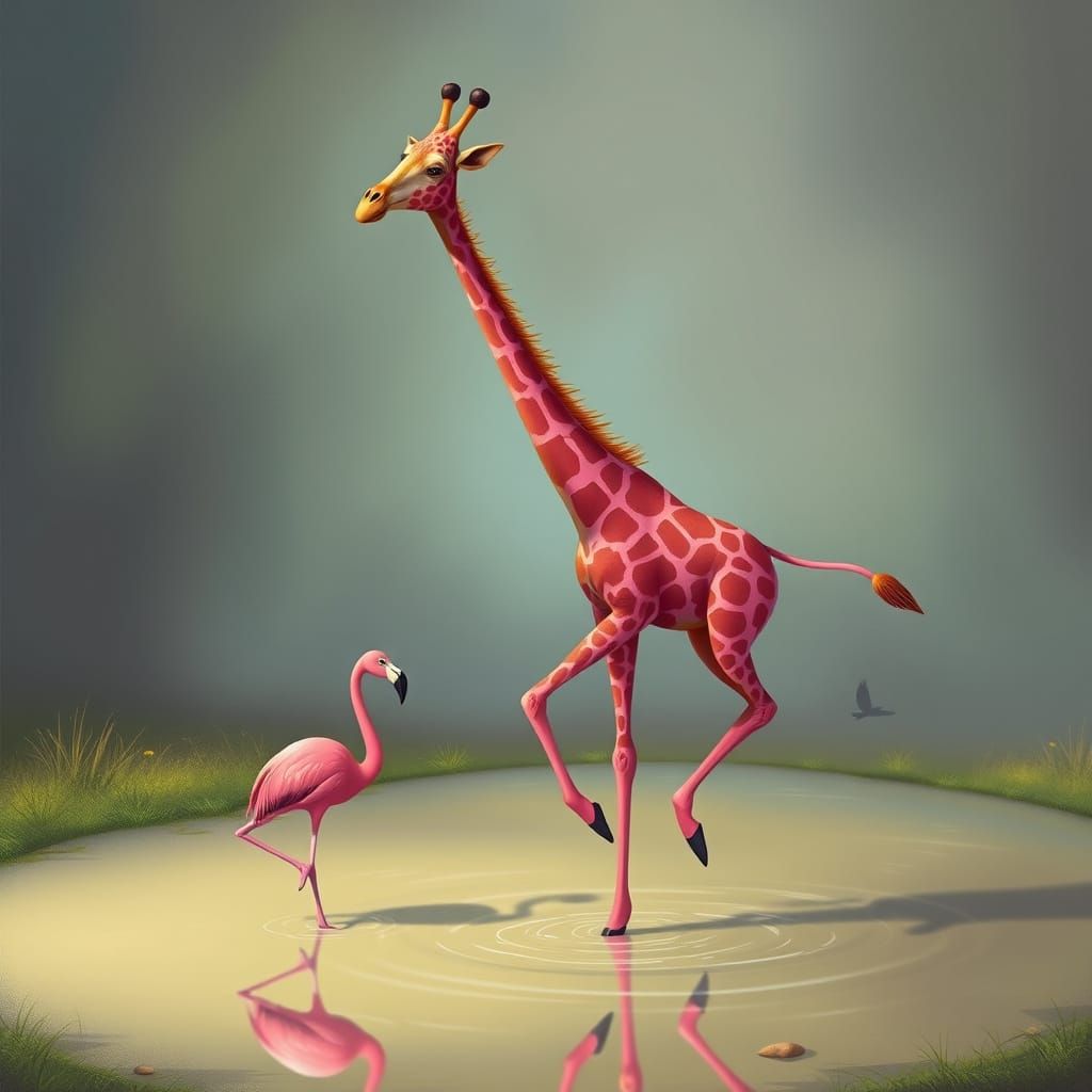 Pink Giraffe Comically Mimics Flamingo in Surreal Pond Scene
