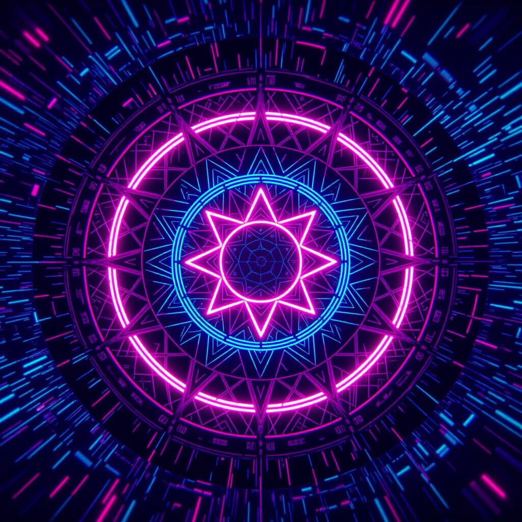Drum & Bass Mandala with Neon Energy Arcs