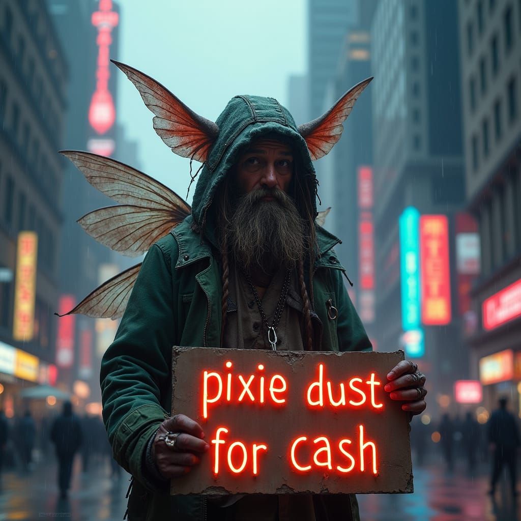 Homeless Fairy in Cyberpunk Cityscape