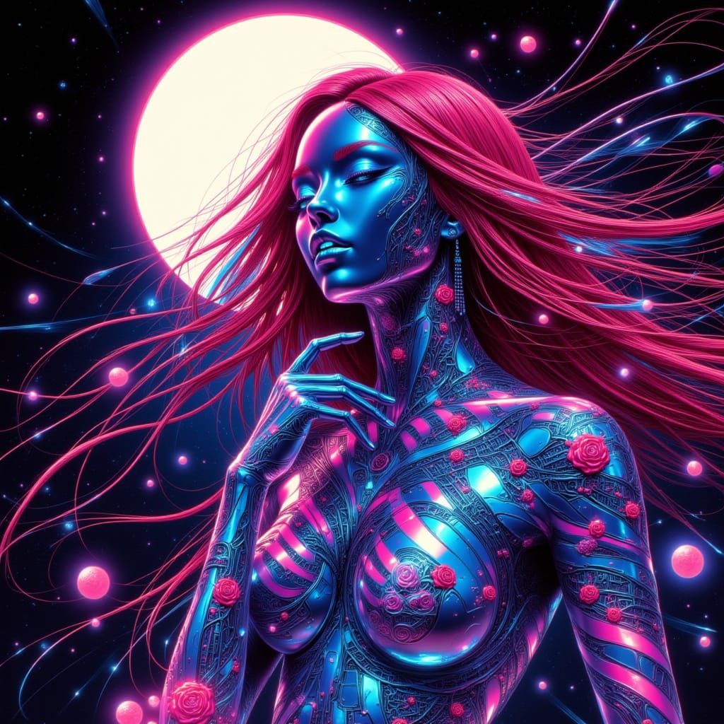 Cyborg Woman with Red Hair and Blue Eyes in Cosmic Space